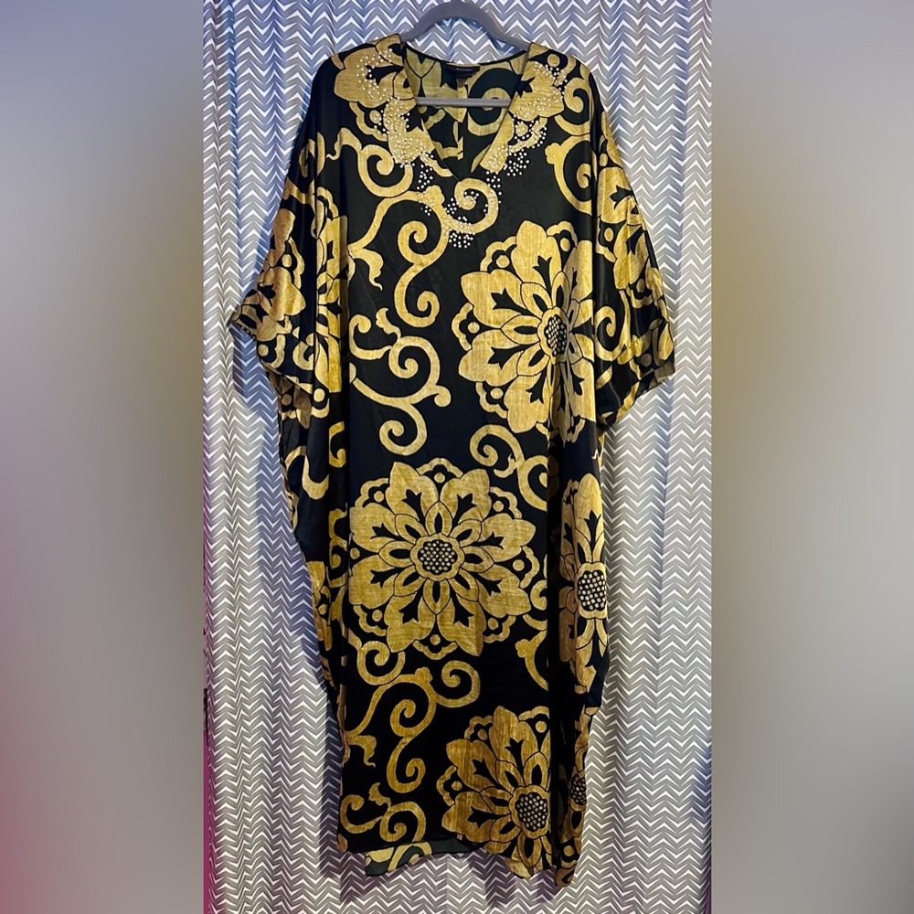 NATORI | Black and Gold Print Caftan Dress, Large.